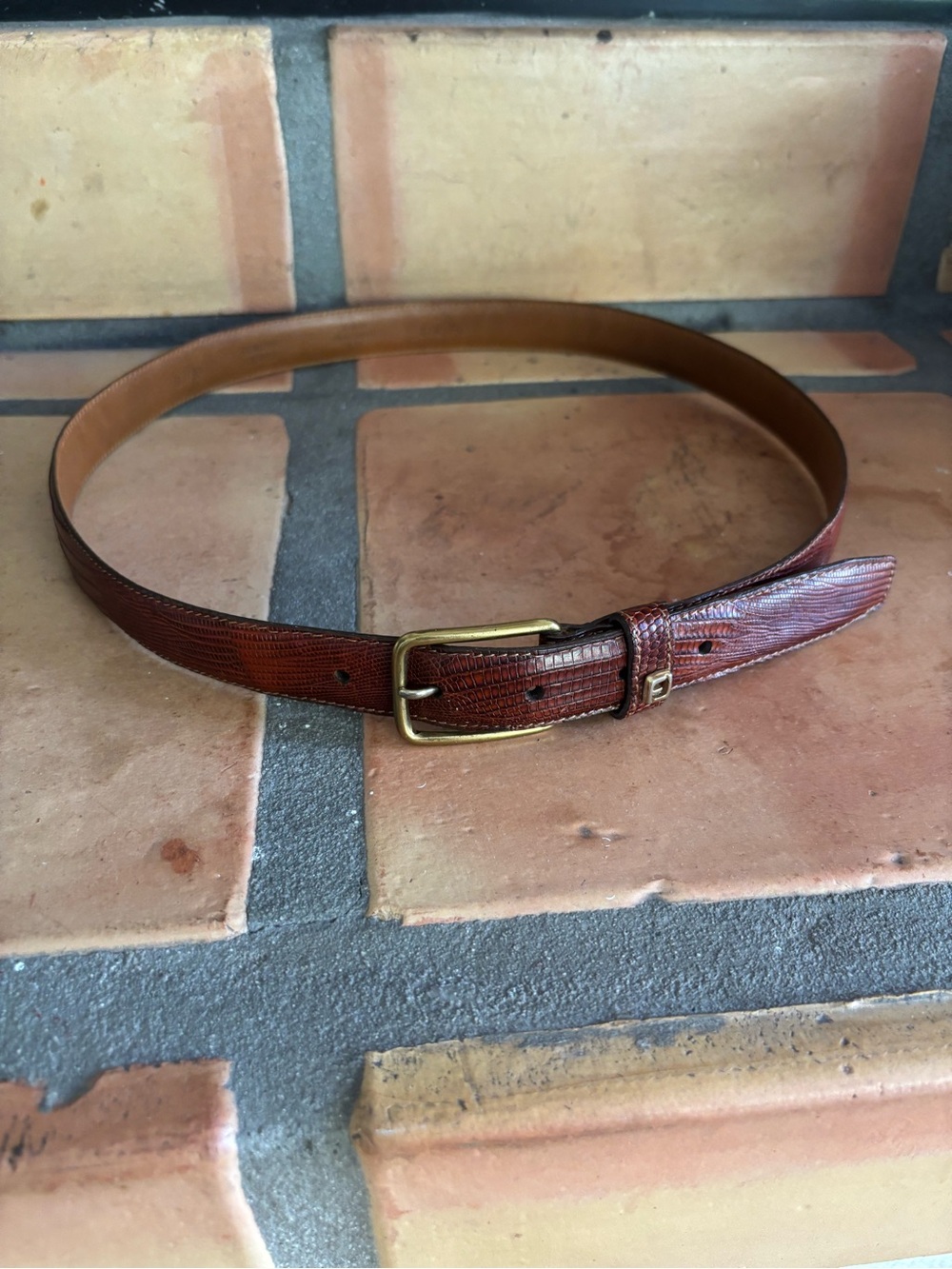 Vintage  Lizard skin Brown Men's Belt with 100% Brass Buckle Made in USA